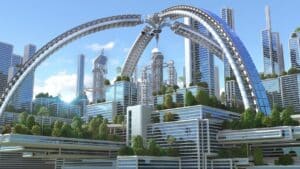 Skyline einer innovativen und grünen Stadt der Zukunft