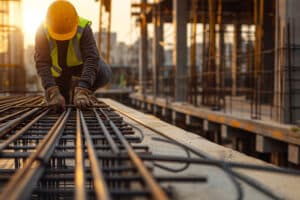 A construction worker wearing a hard hat and safety vest installs rebar at a building site during sunset, symbolizing workforce opportunities in the construction industry. Featured in 'Breaking Barriers: Five Skies’ Transformative Program for Native Americans in Construction.