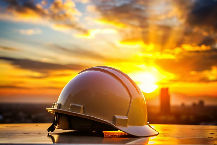 Photo of a construction hard hat resting on a flat surface with a vibrant sunset in the background, symbolizing innovation, resilience, and progress in the construction industry. Perfect visual for an article about generative AI's transformative role in modern construction.