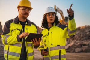 Two construction professionals in high-visibility safety jackets and hard hats discuss project plans at an active job site. A woman leader confidently points forward while holding a walkie-talkie, symbolizing the growing impact of women in construction. Breaking barriers in the industry.