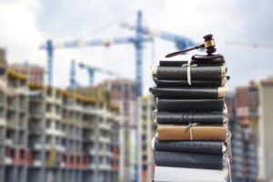 Stack of legal documents with a judge's gavel in front of a construction site with cranes, symbolizing AI-related legal risks and compliance challenges in the construction industry in 2025.