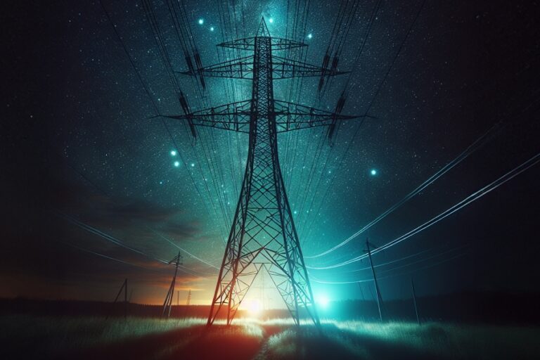 High-voltage power lines stretching across a starry night sky, symbolizing the digital transformation of the energy sector through connected construction teams and smart infrastructure.