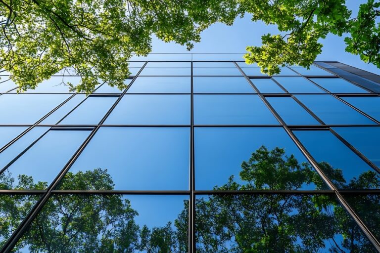 Modern glass building reflecting trees and blue sky, symbolizing sustainable architecture and the environmental transparency promoted by Environmental Product Declarations (EPDs).