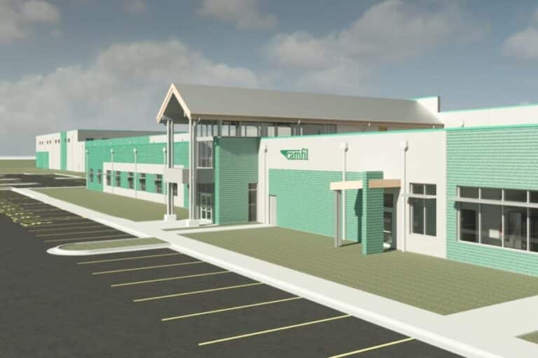 Architectural rendering of Camfil’s new flagship air filtration manufacturing facility in Texas, showcasing resilient design features, modern facade, and expanded parking space under a partly cloudy sky.