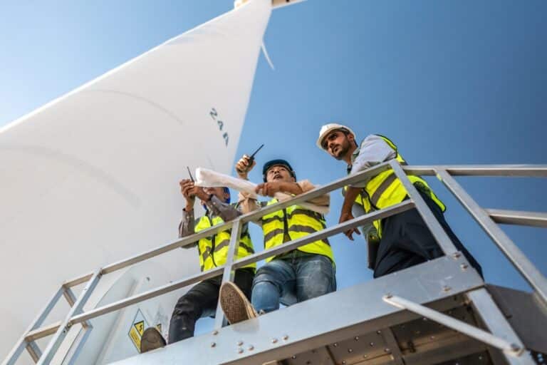Three engineers in safety vests reviewing wind turbine plans on-site, highlighting collaboration challenges in green energy construction projects.