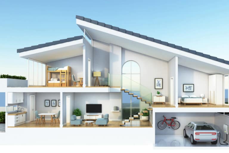 Cross-section of a modern, energy-efficient home showcasing interior living spaces, ventilation, and insulation layers—illustrating how building science innovations help prevent mold, moisture damage, and structural issues.