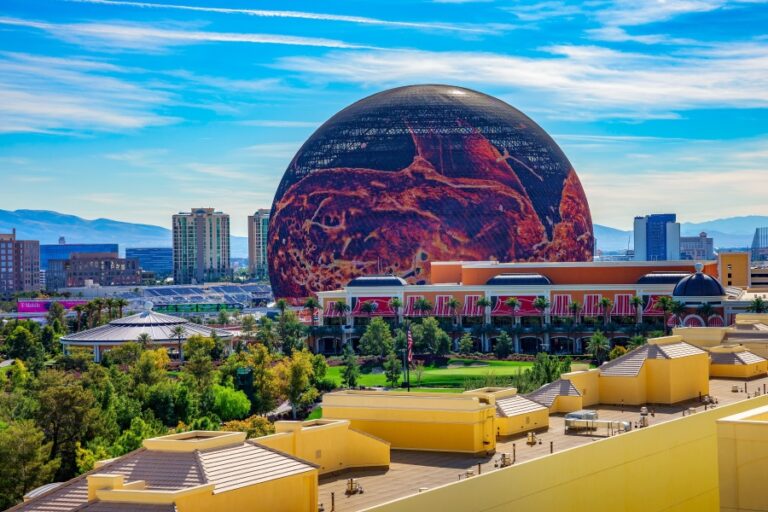 The Sphere in Las Vegas with its curved LED exterior display, showcasing cutting-edge architecture and immersive audio-visual engineering in the heart of the city.