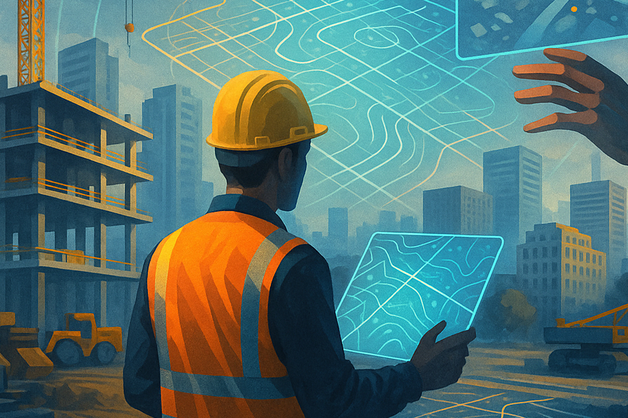 Construction foreman reviewing a digital site map with a drone pilot on an active jobsite