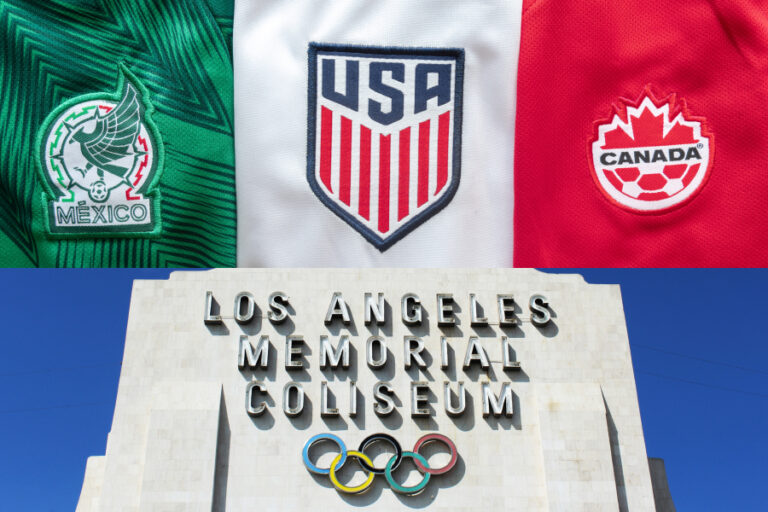 Logos of the Mexico, USA, and Canada national soccer teams above the Los Angeles Memorial Coliseum, symbolizing preparations for the 2026 World Cup and 2028 Olympics across North America.