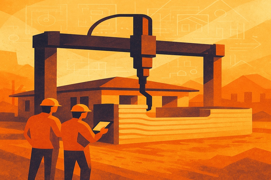 Abstract digital illustration of a gantry-style 3D concrete printer building the walls of a modern home, with two operators observing the process. The scene blends warm construction tones, geometric shapes, and faint digital schematics in the sky—symbolizing the integration of robotics, software, and real-time workflows in residential construction. Let me know if you'd like platform-specific variants or shorter versions for image metadata fields.