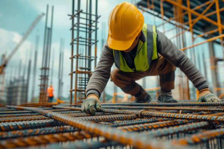 Construction worker in hard hat and safety vest tying rebar on a jobsite, symbolizing the teamwork, coordination and digital collaboration tools like Bluebeam that support modern construction projects.