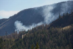 Smoke from a wildfire rises through a dense mountain forest, threatening nearby power lines and utility infrastructure—illustrating the urgent race utilities face to protect the grid from wildfire damage.
