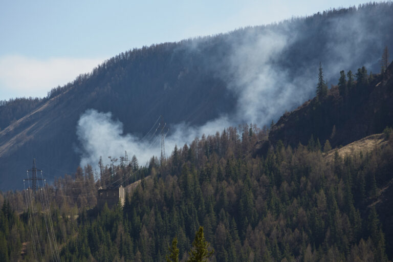 Smoke from a wildfire rises through a dense mountain forest, threatening nearby power lines and utility infrastructure—illustrating the urgent race utilities face to protect the grid from wildfire damage.