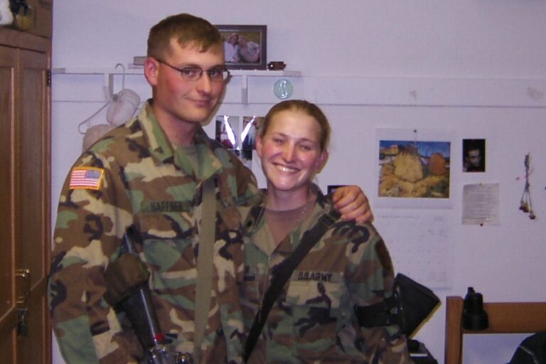 U.S. Army veteran Jessica Haffner smiling with her brother in uniform during deployment, highlighting her military service before her career in customer success at Bluebeam.