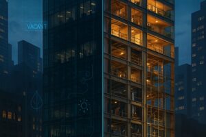 Illustration of evening view of 5 Times Square in Midtown Manhattan during a representation of its office-to-residential conversion, with warm lights glowing from newly framed apartments inside the high-rise’s glass and steel structure, symbolizing adaptive reuse, sustainable building design, and affordable housing in New York City.