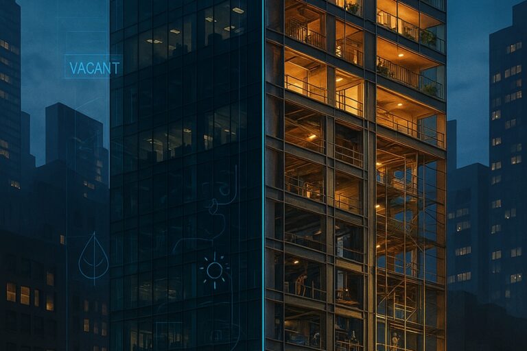 Illustration of evening view of 5 Times Square in Midtown Manhattan during a representation of its office-to-residential conversion, with warm lights glowing from newly framed apartments inside the high-rise’s glass and steel structure, symbolizing adaptive reuse, sustainable building design, and affordable housing in New York City.