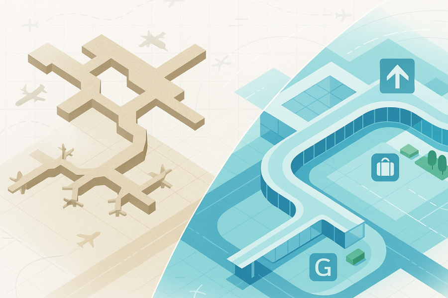 Illustrated split view of old vs. modern US airport design, showing outdated maze-like concourses on the left and a sleek, efficient terminal with clear signage and passenger amenities on the right, symbolizing America’s airport rebuild and modernization.