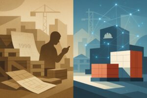 Split-screen illustration showing outdated, paper-based 1990s construction supply chain workflows on the left and a modern AI-powered, digitally connected construction site on the right. The left side features a worker reviewing paper plans from 1999 amid stacked materials, while the right side shows automated, networked construction logistics with digital nodes and organized shipping containers—symbolizing how AI is modernizing construction supply chains.