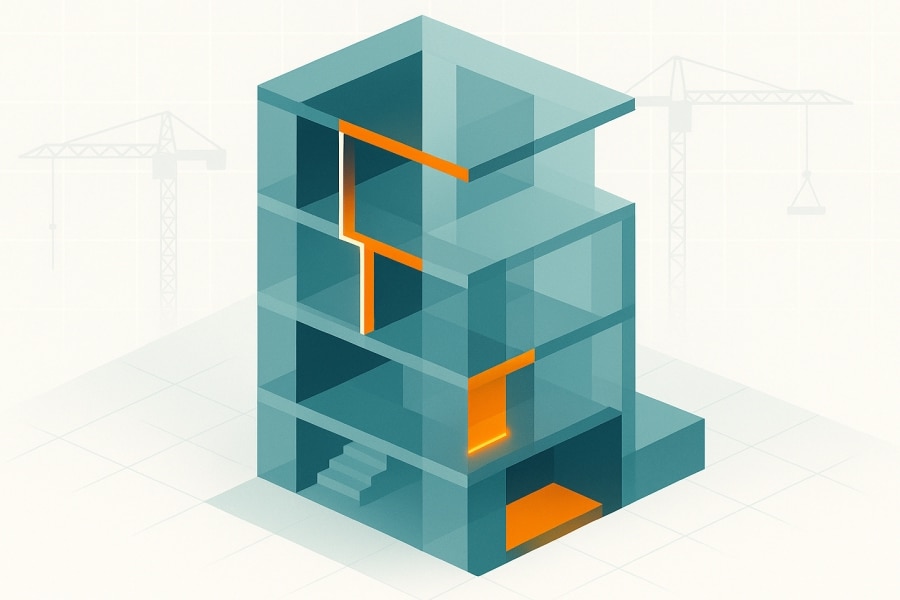 A digital illustration of a multi-story building highlighting sections of plastic-based materials in bright orange, symbolizing hidden plastics in construction and their environmental impact.