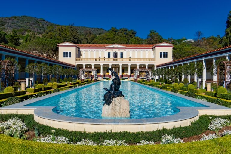 Reflecting pool and fire-resistant architecture at the Getty Center in Los Angeles, showcasing landscape design and campus planning that helped protect the site during historic wildfires.