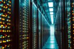 Row of illuminated server racks inside a modern data center corridor, symbolizing the physical infrastructure and skilled labor required to power AI, advanced manufacturing and digital growth.