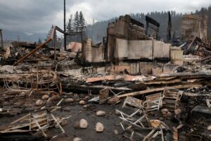 Burned residential structures and debris after a wildfire, showing cleared lots and stalled rebuilding in an urban neighborhood during post-fire recovery.