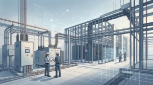 Construction crew reviewing digital plans at AI data center site with power infrastructure, copper wiring and electrical systems.