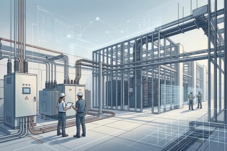 Construction crew reviewing digital plans at AI data center site with power infrastructure, copper wiring and electrical systems.