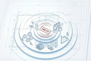 Construction takeoff illustration showing 185 cubic yards measurement with icons for cost, schedule, labor, materials and project performance overlaid on building plans.