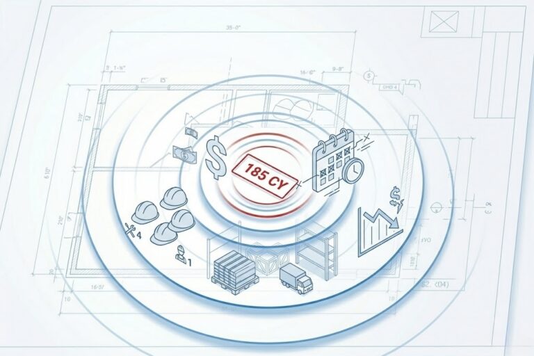 Construction takeoff illustration showing 185 cubic yards measurement with icons for cost, schedule, labor, materials and project performance overlaid on building plans.