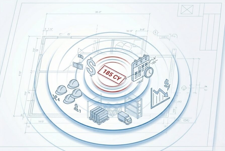Construction takeoff illustration showing 185 cubic yards measurement with icons for cost, schedule, labor, materials and project performance overlaid on building plans.