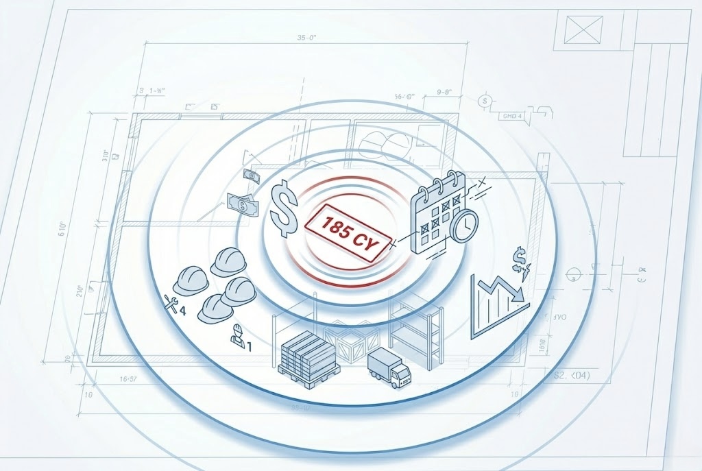 Construction takeoff illustration showing 185 cubic yards measurement with icons for cost, schedule, labor, materials and project performance overlaid on building plans.