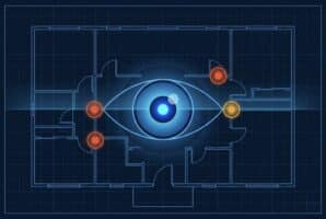 Blueprint-style illustration showing a construction floor plan with a glowing digital eye at the center, symbolizing AI-powered drawing intelligence, spatial analysis and automated QA/QC in construction workflows. Red and yellow markers highlight potential drawing conflicts, coordination risks and revision issues across architectural plans.
