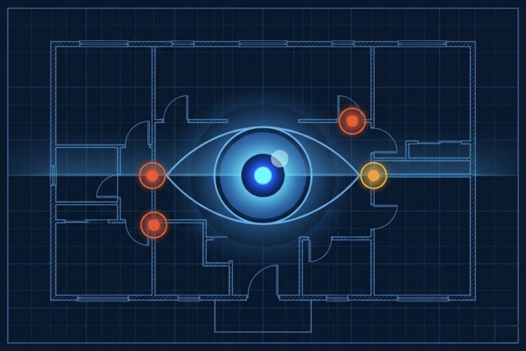 Blueprint-style illustration showing a construction floor plan with a glowing digital eye at the center, symbolizing AI-powered drawing intelligence, spatial analysis and automated QA/QC in construction workflows. Red and yellow markers highlight potential drawing conflicts, coordination risks and revision issues across architectural plans.