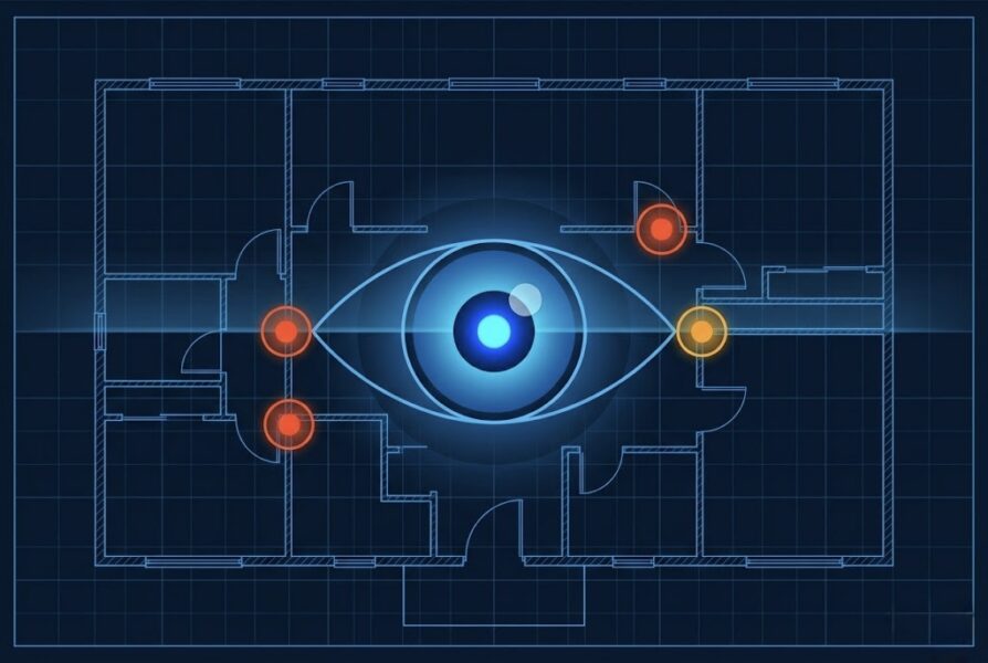 Blueprint-style illustration showing a construction floor plan with a glowing digital eye at the center, symbolizing AI-powered drawing intelligence, spatial analysis and automated QA/QC in construction workflows. Red and yellow markers highlight potential drawing conflicts, coordination risks and revision issues across architectural plans.