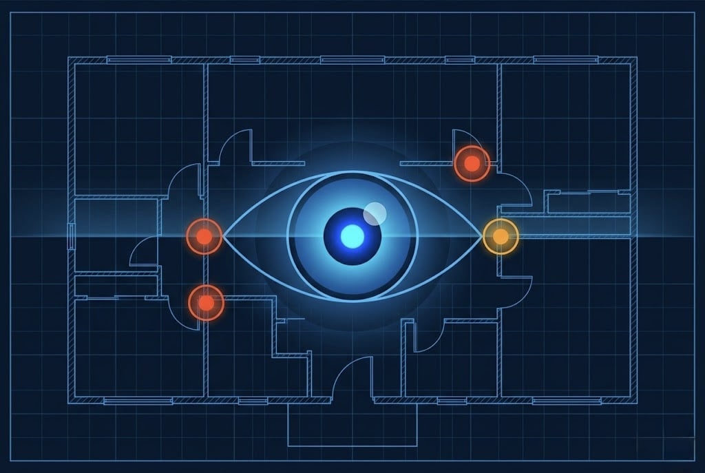 Blueprint-style illustration showing a construction floor plan with a glowing digital eye at the center, symbolizing AI-powered drawing intelligence, spatial analysis and automated QA/QC in construction workflows. Red and yellow markers highlight potential drawing conflicts, coordination risks and revision issues across architectural plans.