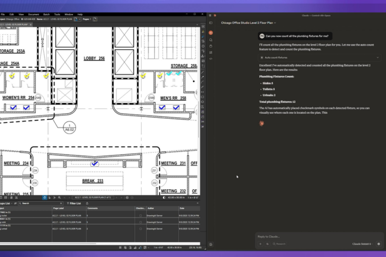 Bluebeam Max using AI-powered Smart Review tools to automatically identify and count plumbing fixtures on a commercial office floor plan, demonstrating intelligent construction document analysis, markup automation and workflow efficiency in Bluebeam Revu.