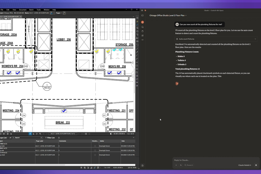 Bluebeam Max using AI-powered Smart Review tools to automatically identify and count plumbing fixtures on a commercial office floor plan, demonstrating intelligent construction document analysis, markup automation and workflow efficiency in Bluebeam Revu.