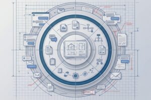 Illustration of construction project communication workflows showing digital document management, email exchanges, RFIs, drawing revisions, collaboration tools and centralized project information systems used to reduce rework and improve coordination in construction projects.