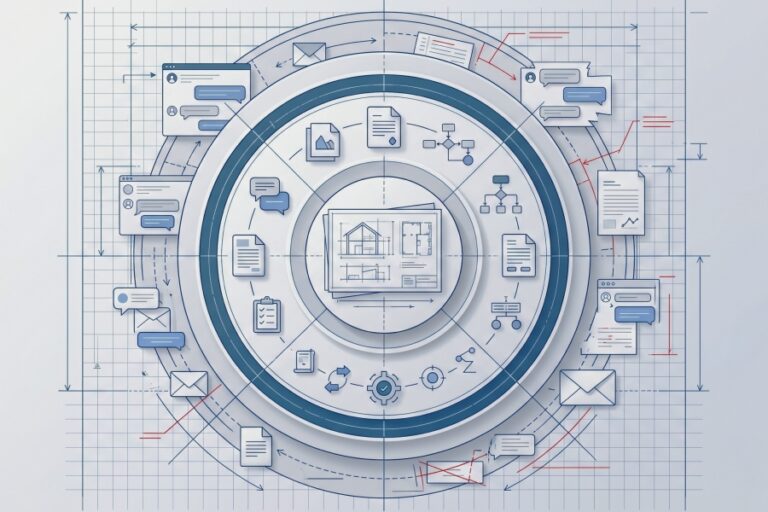 Illustration of construction project communication workflows showing digital document management, email exchanges, RFIs, drawing revisions, collaboration tools and centralized project information systems used to reduce rework and improve coordination in construction projects.