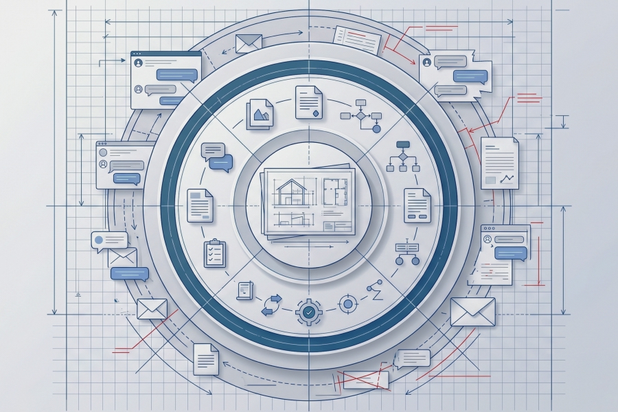 Illustration of construction project communication workflows showing digital document management, email exchanges, RFIs, drawing revisions, collaboration tools and centralized project information systems used to reduce rework and improve coordination in construction projects.