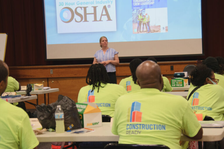 Instructor leads a Construction Ready OSHA safety course for adult trainees in a Georgia workforce training classroom.
