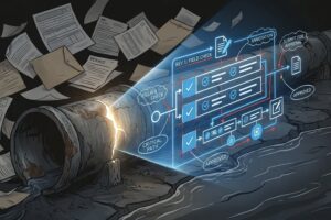 Cracked sewer pipe leaking beside scattered paper permits as a glowing digital plan review workflow shows approved markups