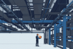 MEP foreman with a laptop standing beneath overhead ductwork, piping and cable tray in an unfinished building