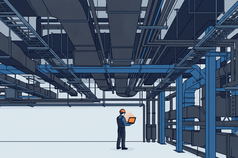 MEP foreman with a laptop standing beneath overhead ductwork, piping and cable tray in an unfinished building