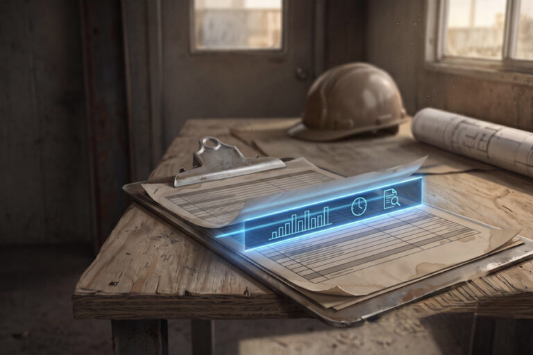 Construction documents on a clipboard at a jobsite table with a glowing digital data overlay, hard hat and rolled blueprints nearby.