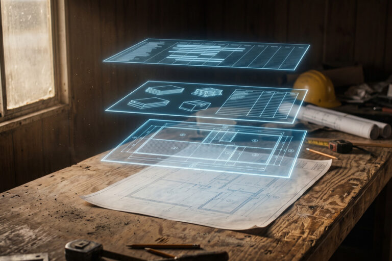 Quantity takeoff, material takeoff and cost estimate as three separate glowing layers above construction drawings on a jobsite table.