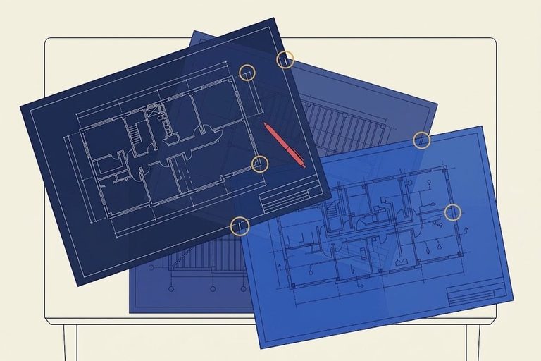 Overlapping architectural, structural and MEP sheets spread across a table under a desk lamp.