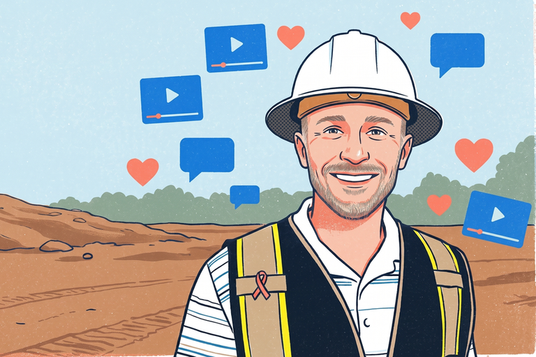 Illustrated construction project manager in a hard hat and safety vest at a jobsite, surrounded by floating social media video, comment and like icons.