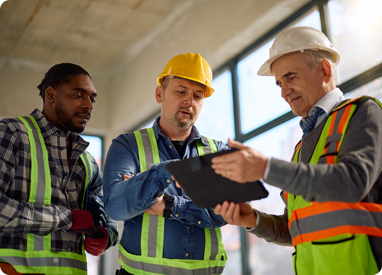Three construction workers looking at tablet together